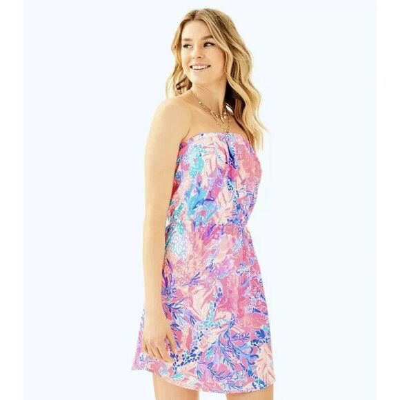 Lilly Pulitzer WINDSOR STRAPLESS DRESS Light Paschs AQUADESIAC Pink Blue Size XS - Picture 1 of 11